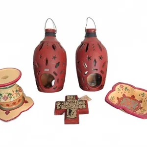 5 Decorative Mexican Folk Art Pieces Including Candleholders and Cross