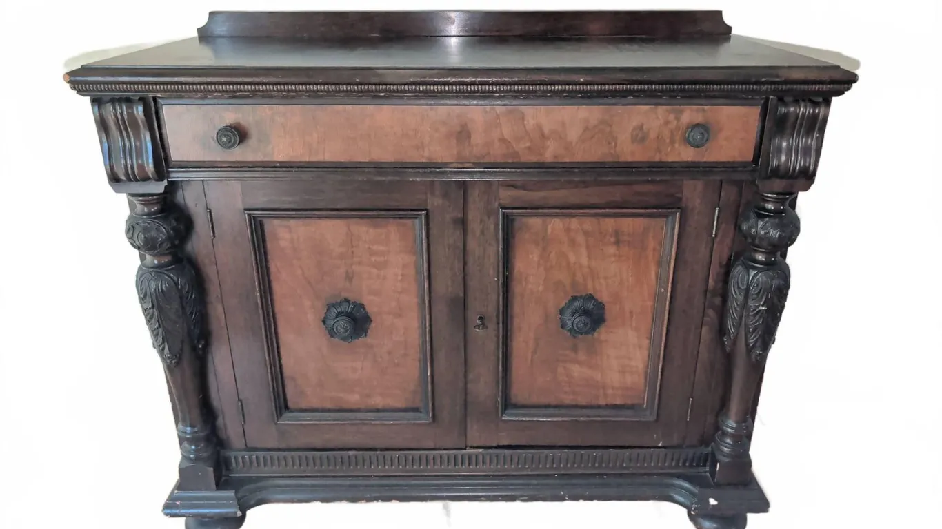 Wooden Sideboard with Ornate Carved Details and Single Drawer