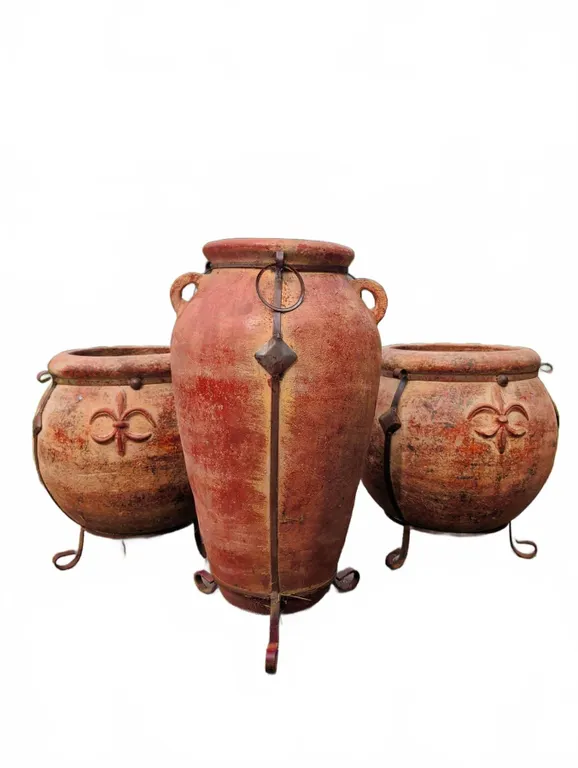 Three Terra Cotta Garden Planters with Iron Stands