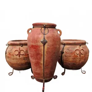 Three Terra Cotta Garden Planters with Iron Stands