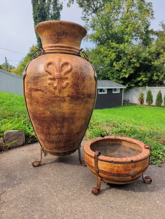 Terracotta Planter and Pot Set with Iron Stands and Fleur-De-Lis Motif