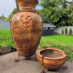 Terracotta Planter and Pot Set with Iron Stands and Fleur-De-Lis Motif
