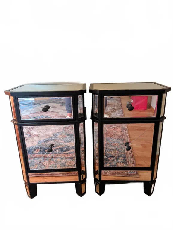 Mirrored Nightstands with Black Wood Trim