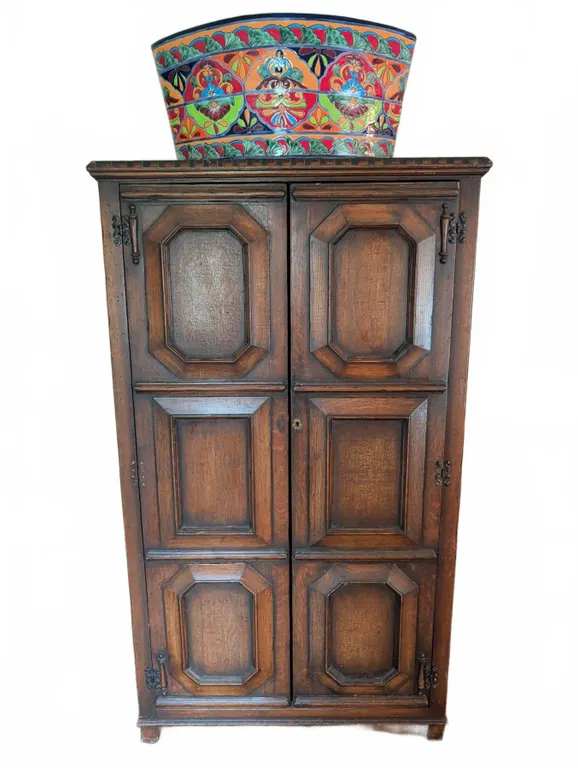 Solid Oak Wardrobe Armoire with Ornate Front Panels and Brass Hardware