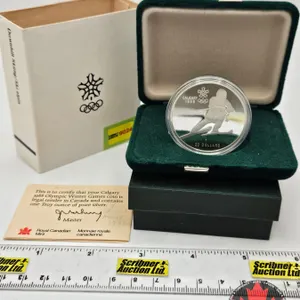 RCM Canada $20 Proof Coin 1985 : Calgary 1988 Olympic Winter Games : Downhill Skiing (COA 92.5%)