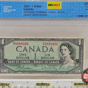 Canada $1 Bill 1954 : Beattie/Rasminsky #MP8889486 (CCCS Cert : VF-20 : Very-Fine : Short Run)