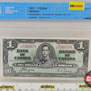 Bank of Canada $1 Bill 1937 : Coyne/Towers #UN7265578 (CCCS Cert : AU-50 : Almost Uncirculated)
