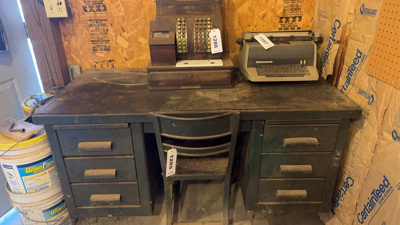 Metal Desk and Chair- contents not included 58”L x 28”W x 30” H