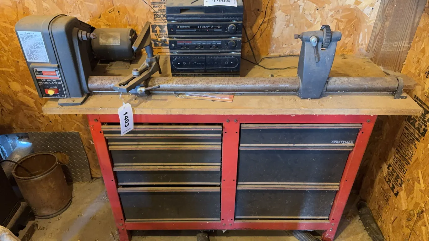 12” Wood Lathe on Craftsman Tool Chest 43” W x 34” T x 20” D - Draw contents included - Radios on top not included