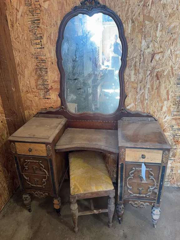 Wood Vanity 46” W x 18” D x 32” T w/ Mirror and Seat