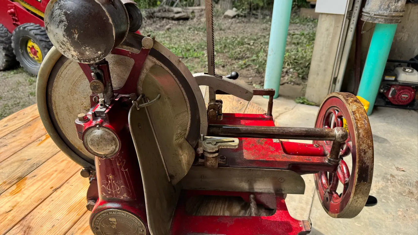 Antique Hand Crank Flywheel Meat Slicer by U.S. Slicing Machine Co La Porte, Indiana