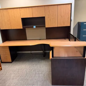 CWI (Creative Wood Interiors) U-Shaped Executive Workstation with Overhead Cabinets & Curved Return, Saskatchewan Made – 9ft long x 6ft wide