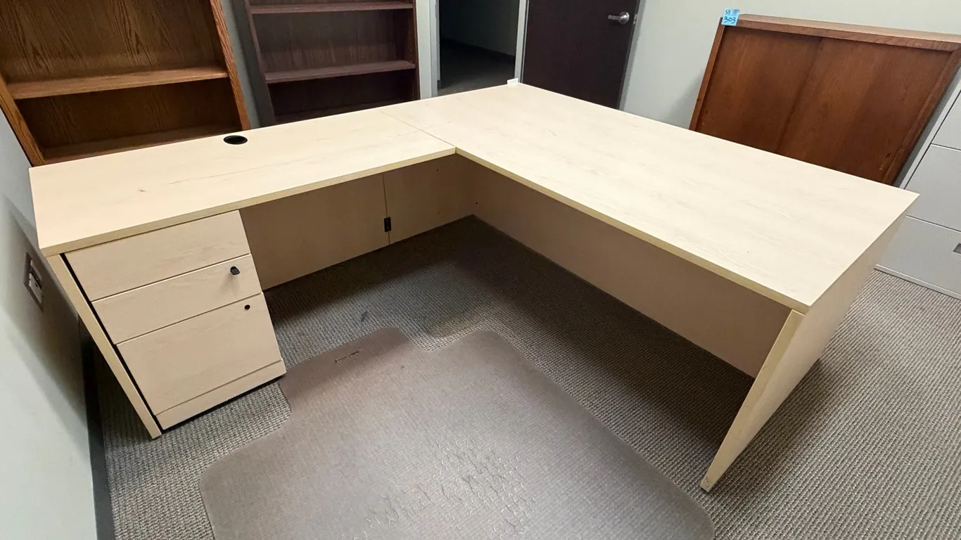 L-Shaped Office Desk with 3-Drawer Pedestal – Light Maple Finish. 6ft (right) x 7ft (left)