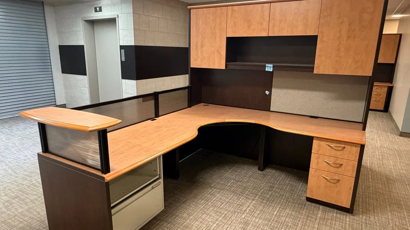 7ft x 8ft CWI (Creative Wood Interiors) U-Shaped Executive Workstation with Overhead Cabinets & Curved Return, Saskatchewan Made. plus filing cabinet