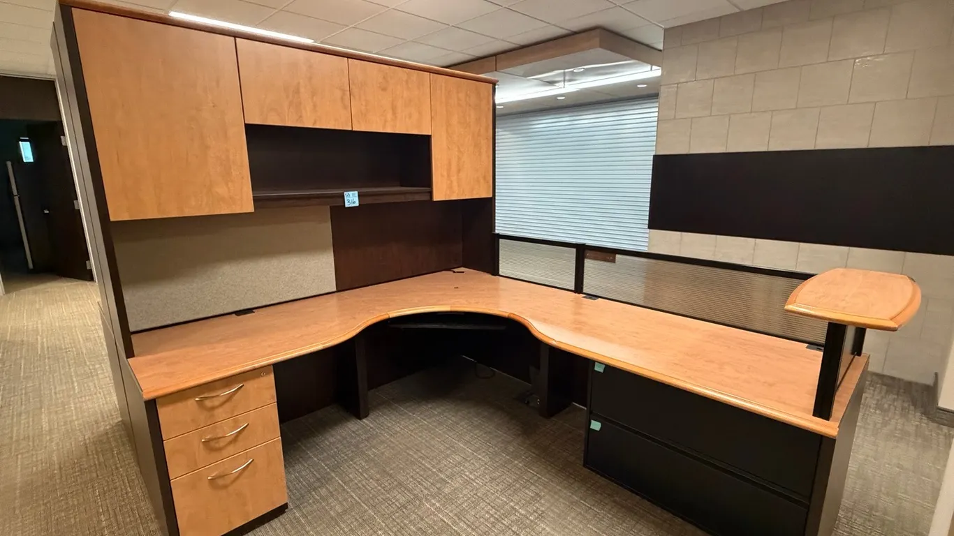 7ft x 8ft CWI (Creative Wood Interiors) U-Shaped Executive Workstation with Overhead Cabinets & Curved Return, Saskatchewan Made. plus filing cabinet