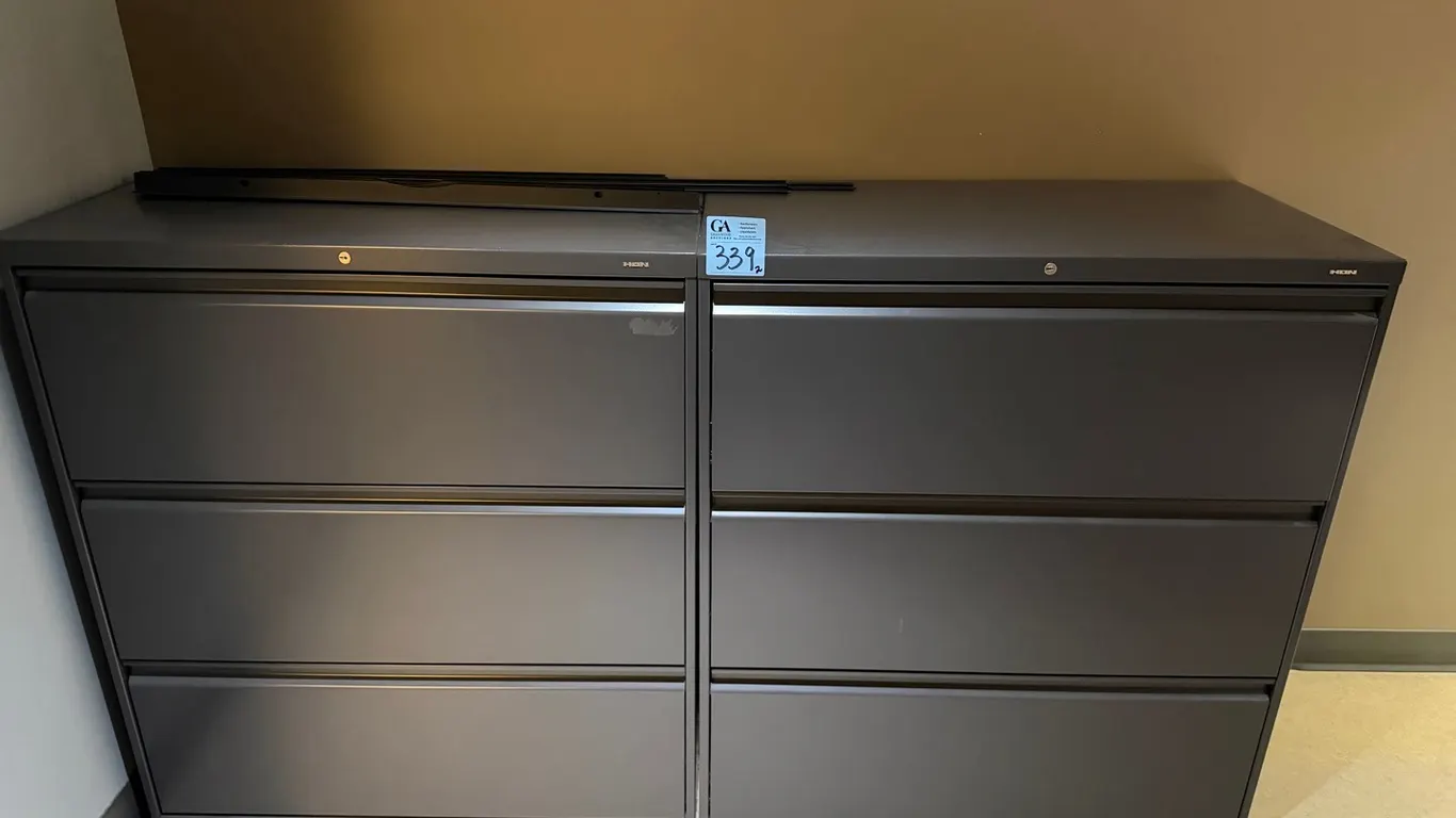 2 HON 3-Drawer Lateral Filing Cabinets – Charcoal Grey. 3’ wide x 3’3” tall x 19” deep