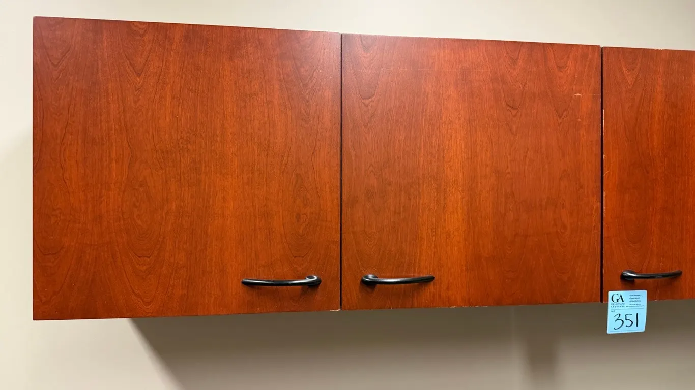 Cherry Finish Wall-Mount Overhead Cabinet Set. Reconfigurable. 6’ x 4’4”