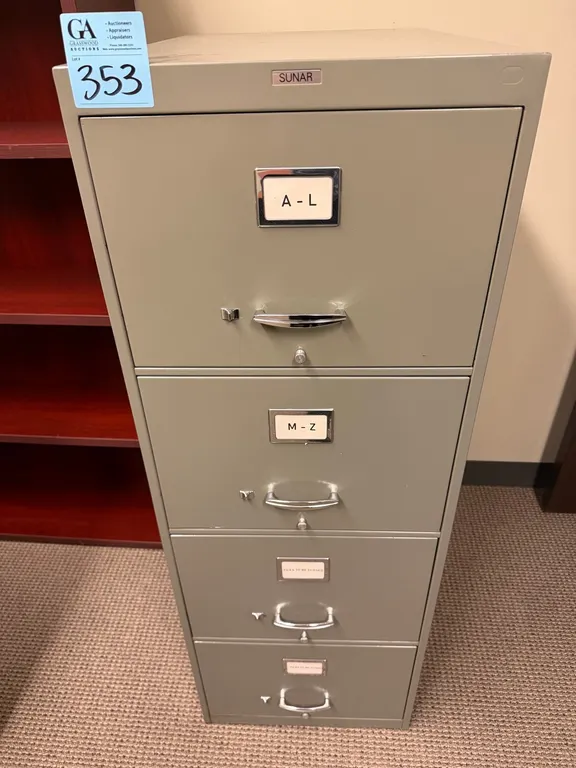 Sunar 4-Drawer Vertical Metal Filing Cabinet – Letter Size – Grey. 18” x 28” x 4’3” tall