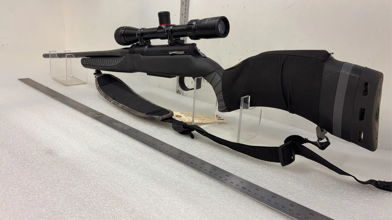 Thompson Center .308 Win Bolt action Rifle, w/ Simmons 3-9x32 Scope, strap, mag, ammo holder on butt, sn JAA5600, *Unreserved*