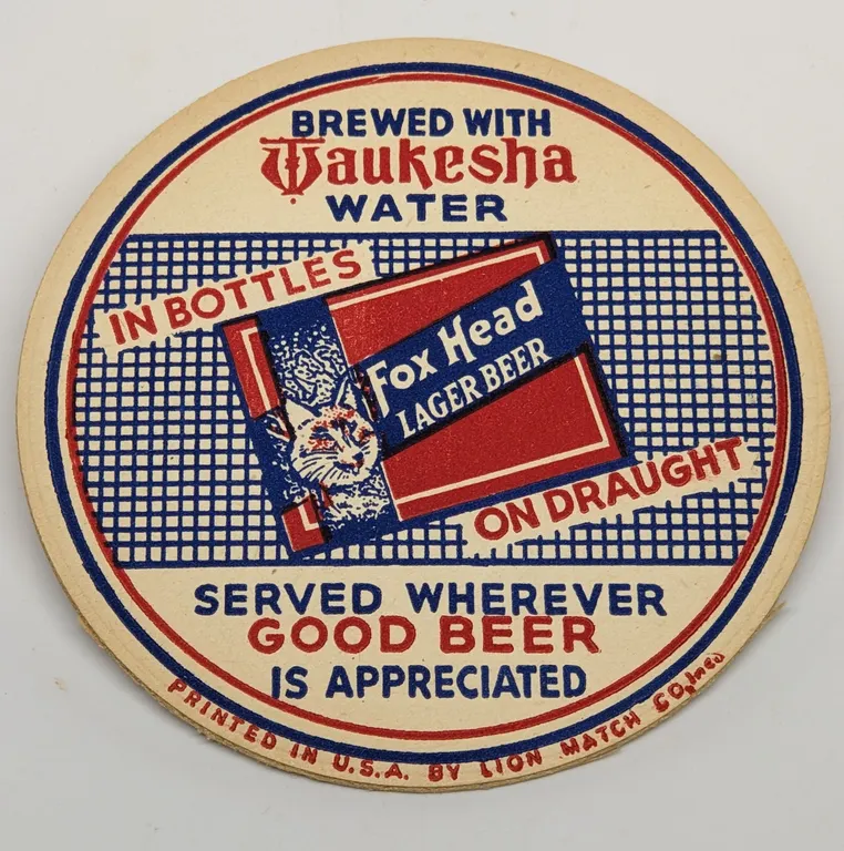 FOX HEAD LAGER BEER COASTER WAUKESHA WISCONSIN