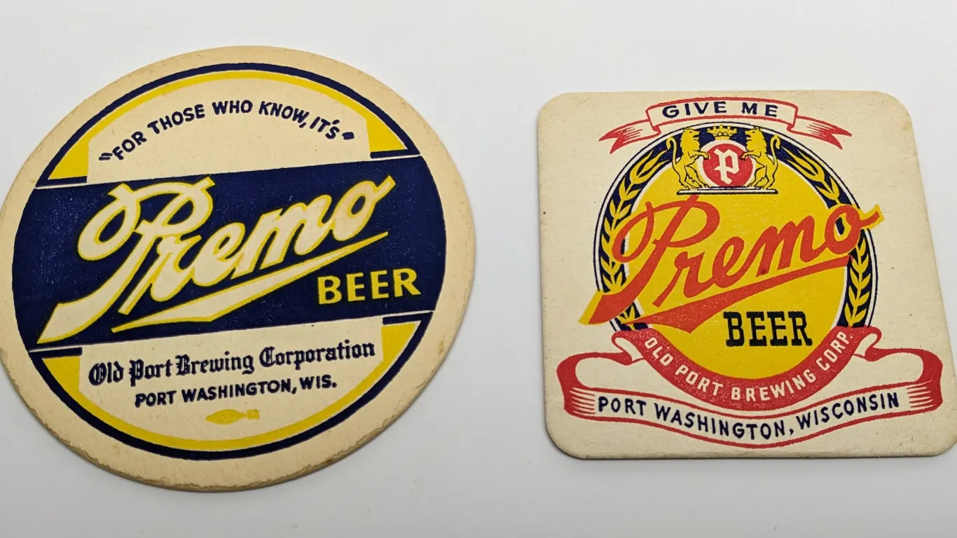 2- PREMO BEER COASTERS OLD PORT BREWING PORT WASHINGTON WISCONSIN