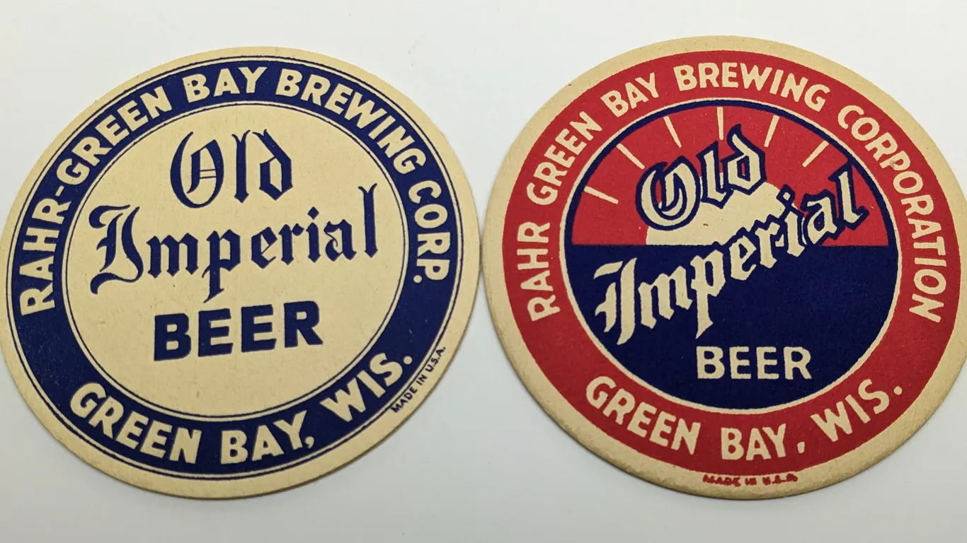 2- OLD IMPERIAL BEER COASTERS RAHR GREEN BAY BREWING CORP WISCONSIN