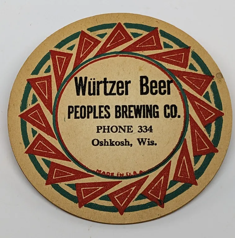 WURTZER BEER COASTER PEOPLES BREWING OSHKOSH WISCONSIN