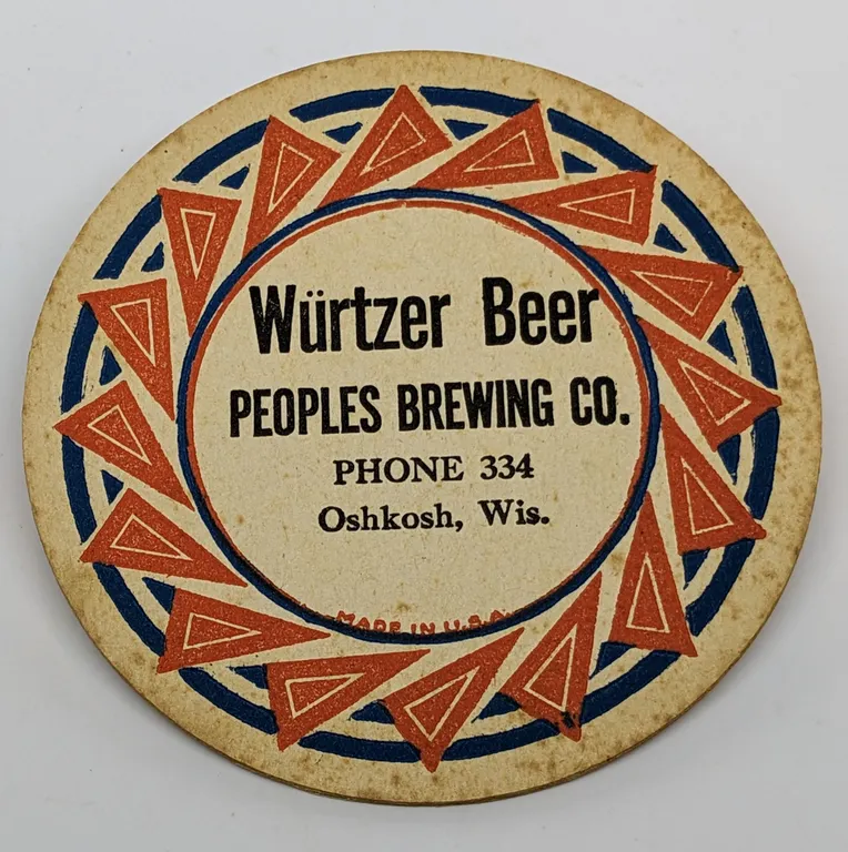 WURTZER BEER COASTER PEOPLES BREWING OSHKOSH WISCONSIN