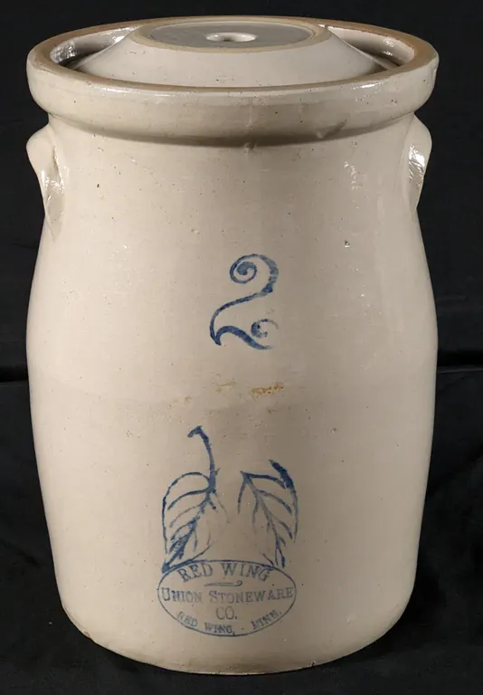 2 GAL RED WING STONEWARE BLUE BIRCHLEAF SKI OVAL BUTTER CHURN & COVER