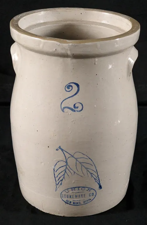 2 GAL BOTTOM SIGNED MINNESOTA STONEWARE RED WING 2 GAL BLUE BIRCHLEAF BUTTER CHURN