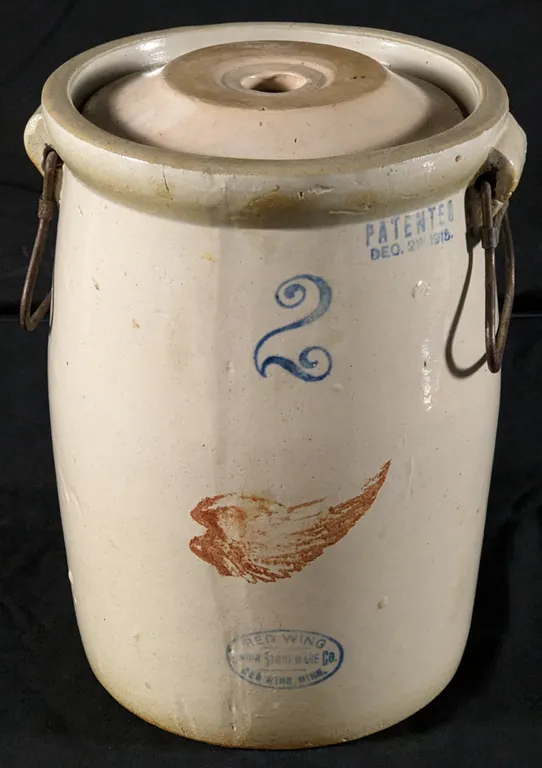 2 GAL RED WING STONEWARE BAIL HANDLED BUTTER CHURN CROCK