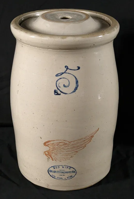 5 GAL RED WING STONEWARE 6" WING BUTTER CHURN CROCK & COVER