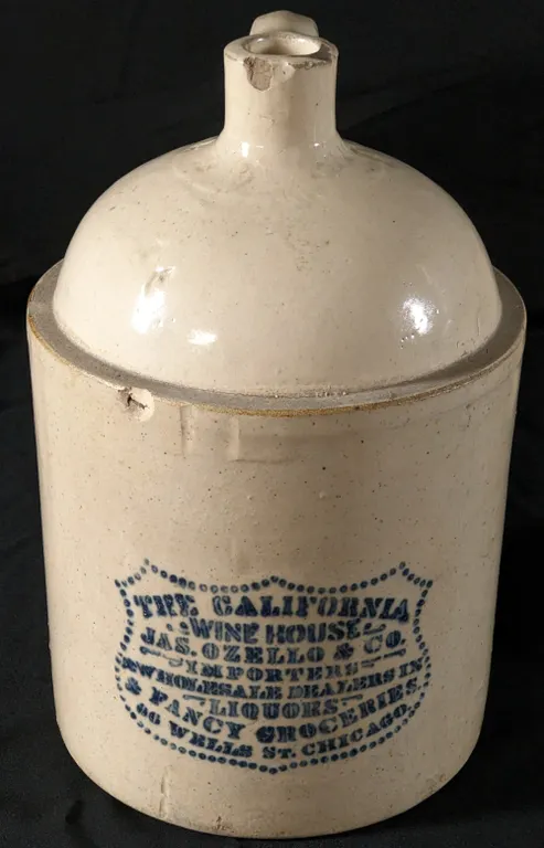 2 GAL STENCILED ADVERTISING CROCK JUG THE CALIFORNIA WINE HOUSE JAS. OZELLO & CO WHOLESALE DEALER IN LIQUORS & FANCY GROCERIES CHICAGO ILLINOI
