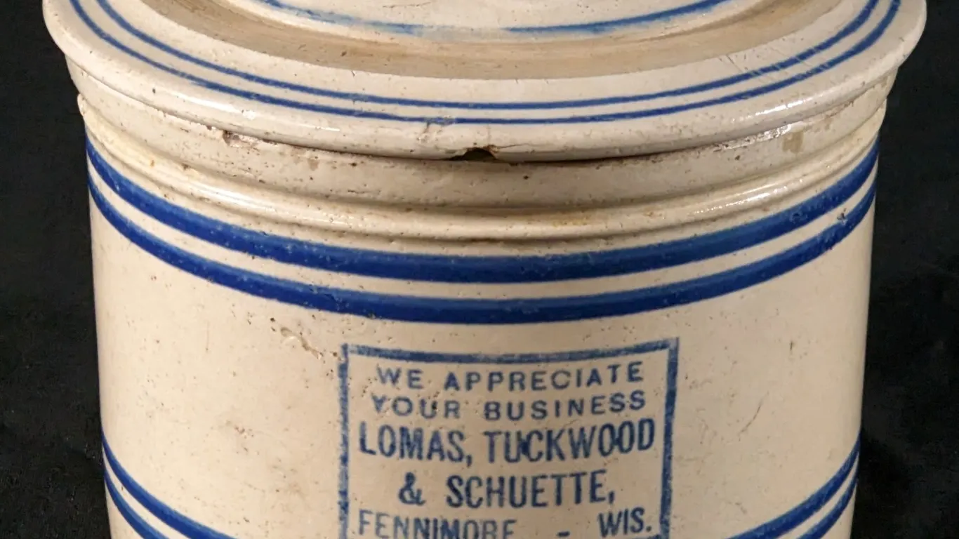 5# RED WING STONEWARE ADVERTISNG PANTRY JAR CROCK & COVER LOMAS TUCKWOOD & SCHUETTE FENNIMORE WISCONSIN