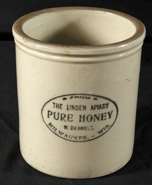 1/2 GAL RED WING STONEWARE ADVERTISING CROCK THE LINDEN APIARY PURE HONEY W. DIEHNELT MILWAUKEE WISC