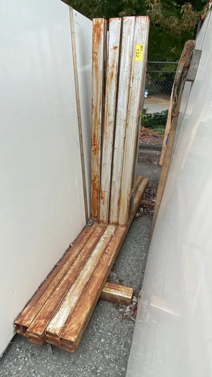 4 SINGLE METAL A-FRAME STORAGE RACKING SECTIONS APPROX 5' 2"H X 7' 7" ACROSS AT BASE