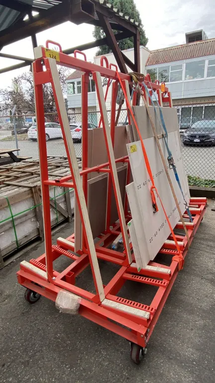 ABACO ORANGE MOBILE A-FRAME MATERIAL RACK APPROX 7'L X 6'H X 3' 7" W AT BASE
