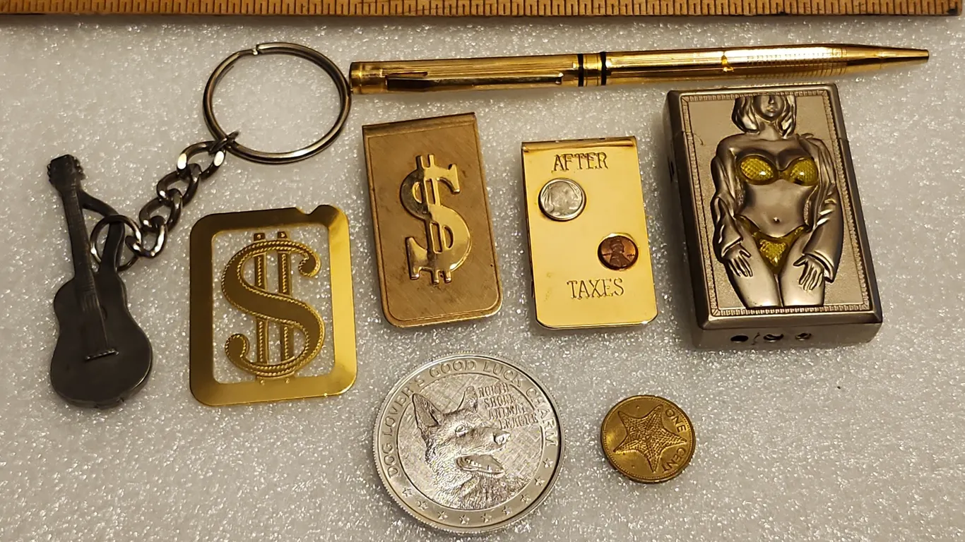 Woman In A Bikini Lighter, Key Chain, Money Clips, 1977 Bahamas One Cent Coin, Etc.