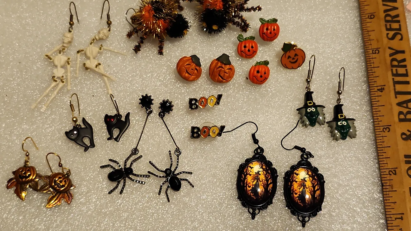10 Pair Pierced Halloween Earrings & 1 Pin