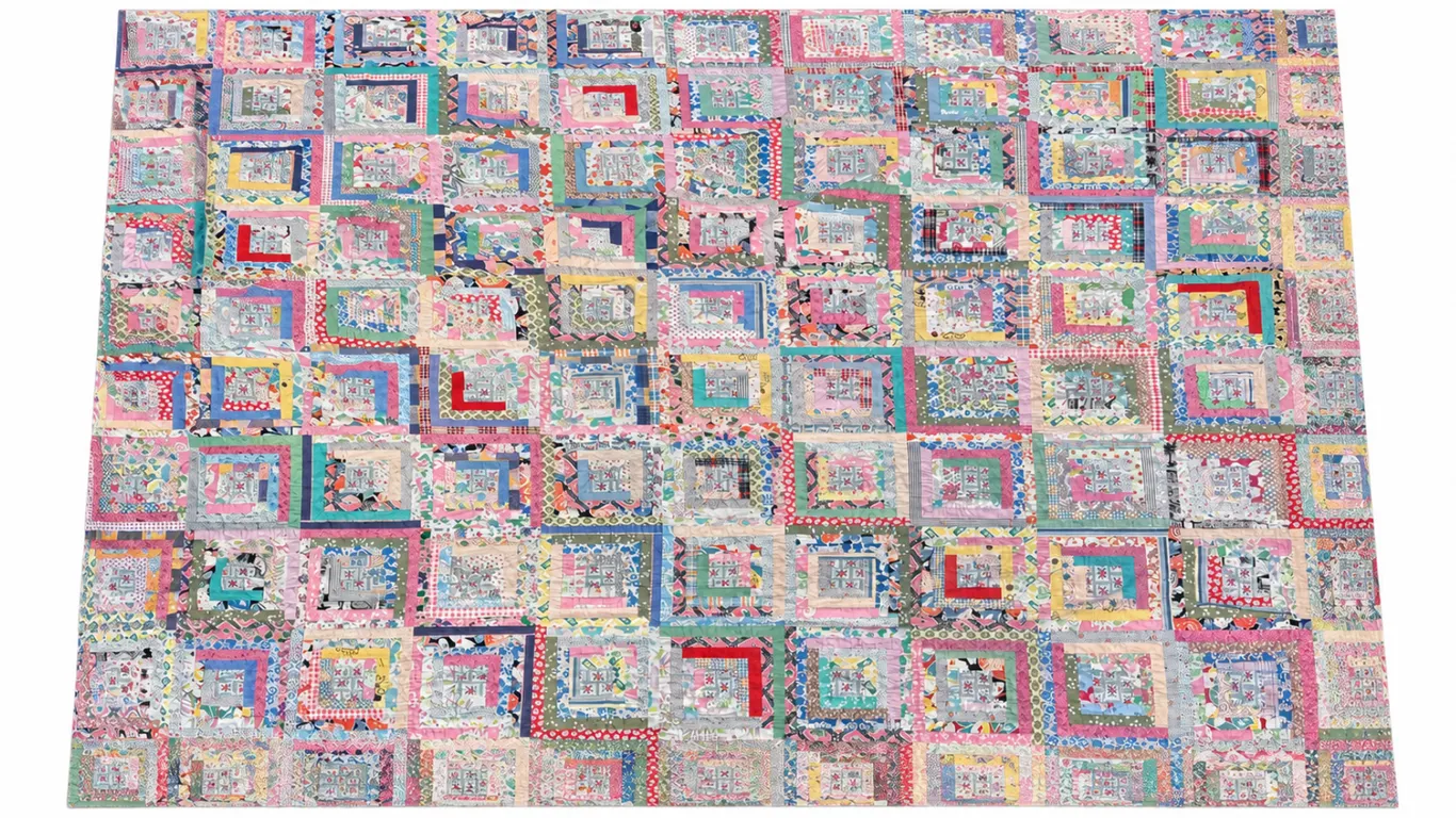 Vintage Handmade Log Cabin Patchwork Quilt – Floral & Feed Sack Style Fabrics