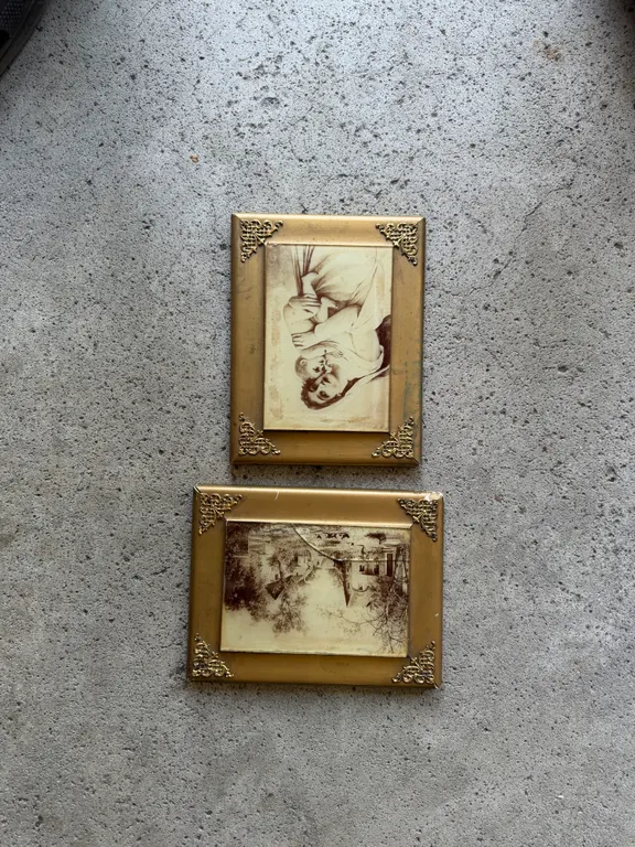 Pair of Vintage Gold Tone Picture Frames with Sepia Prints