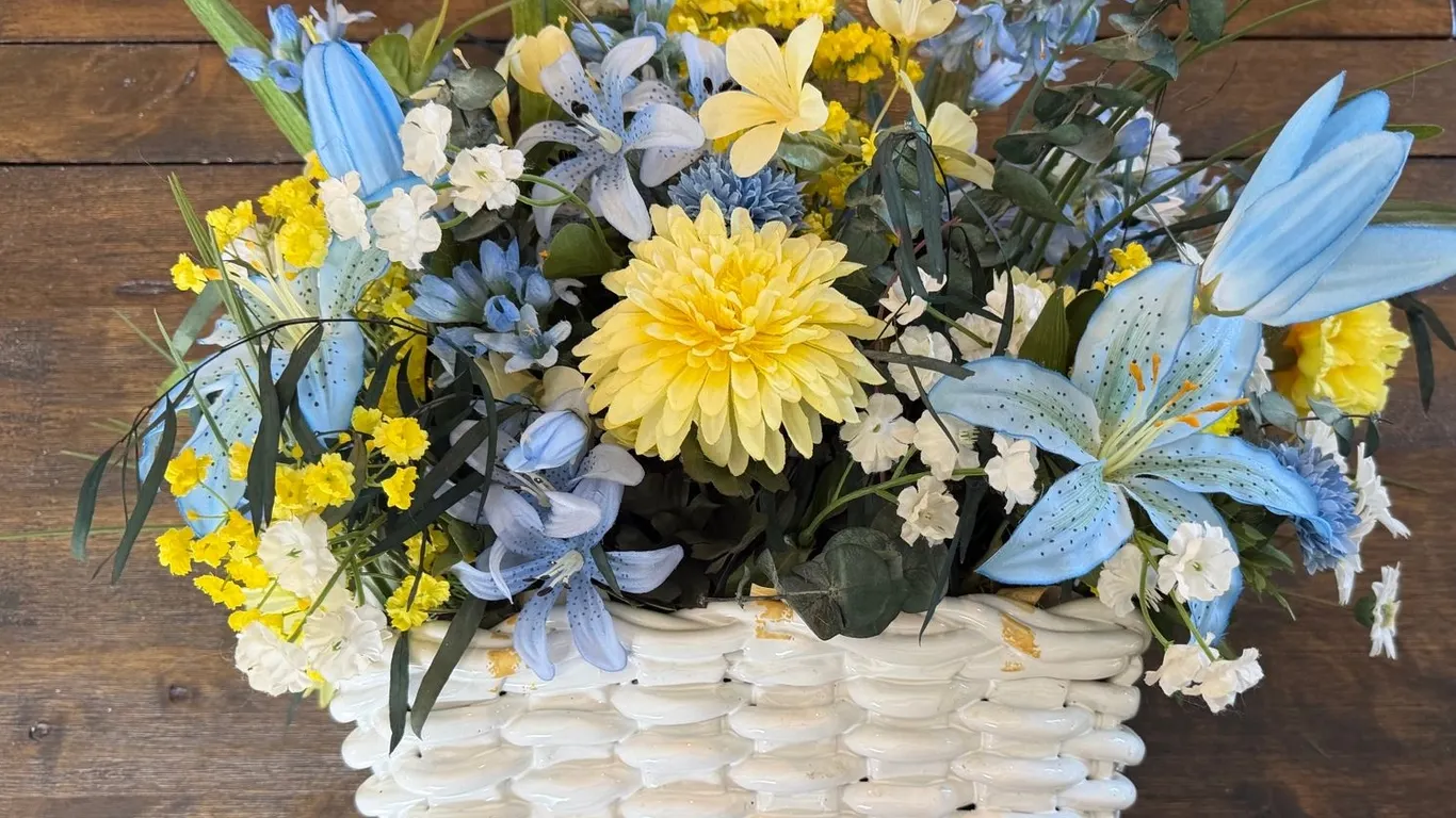 Italian Ceramic Woven Basket with Floral Arrangement
