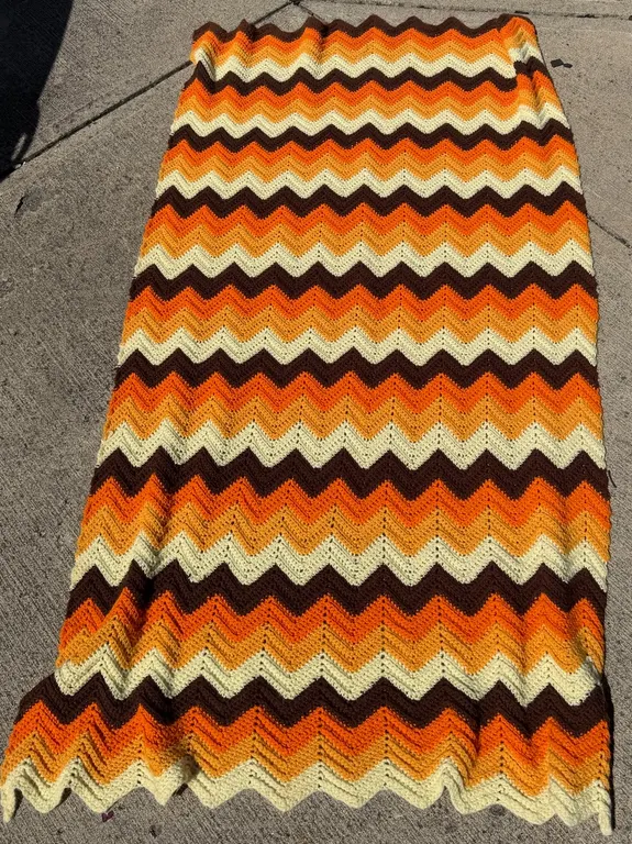 Vintage Crochet Chevron Afghan Blanket Orange Brown & Cream