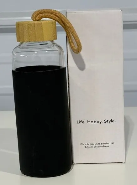 *NEW* Case of Glass Water Bottles' with Silicone Sleeve & Bamboo Lid - Qty 93 +/-