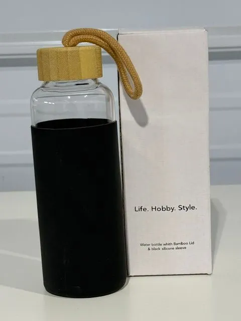 *NEW* Case of Glass Water Bottles' with Silicone Sleeve & Bamboo Lid - Qty 93 +/-