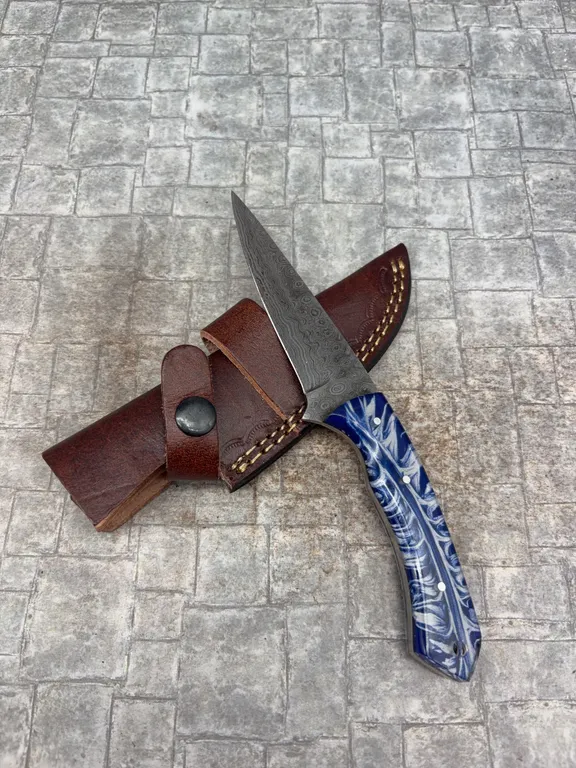 Handmade Damascus Steel Knife with Leather Sheath