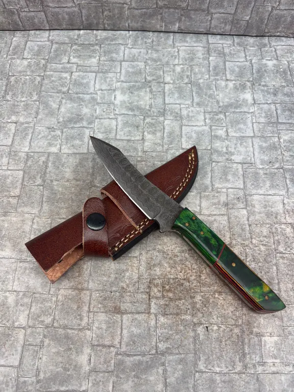 Handmade Damascus Steel Knife with Leather Sheath