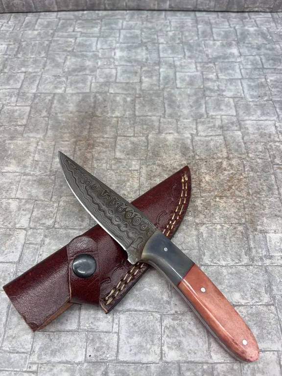 Handmade Damascus Steel Knife with Leather Sheath