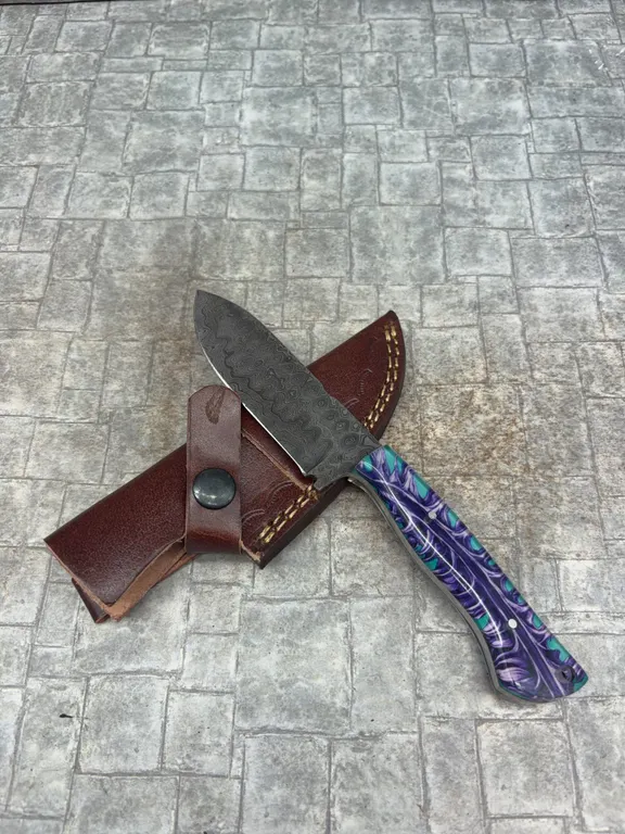 Handmade Damascus Steel Knife with Leather Sheath