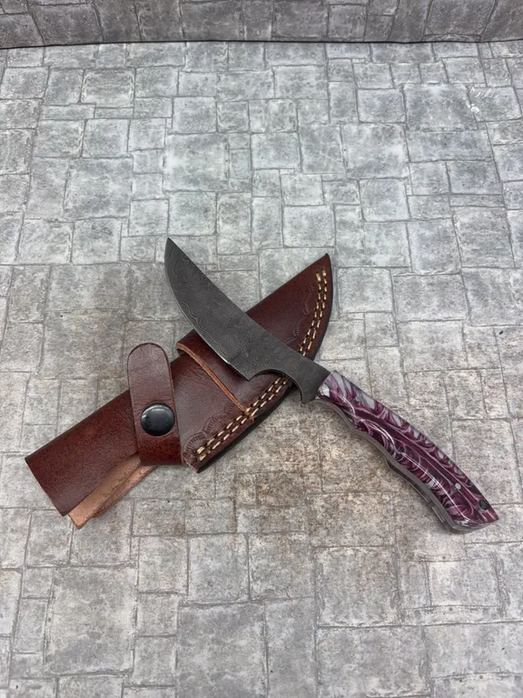 Handmade Damascus Steel Knife with Leather Sheath